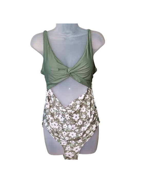 Sunmmermae Other - Green Floral One-Piece Swimsuit M Knot Front Cutout Adjustable Straps Lined